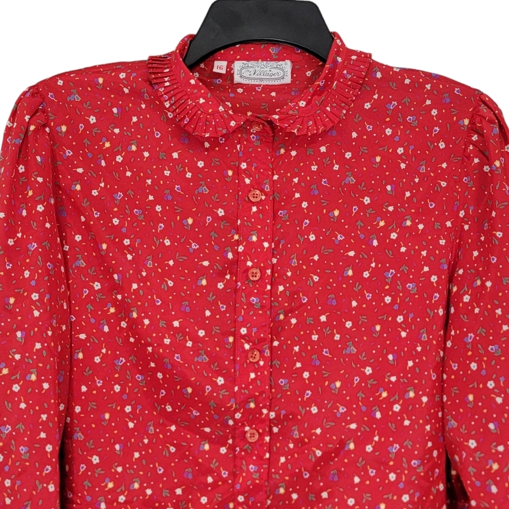The Villager VTG Red Mini Floral Print Button Down Long Sleeve Women's Size 16 - Picture 2 of 12